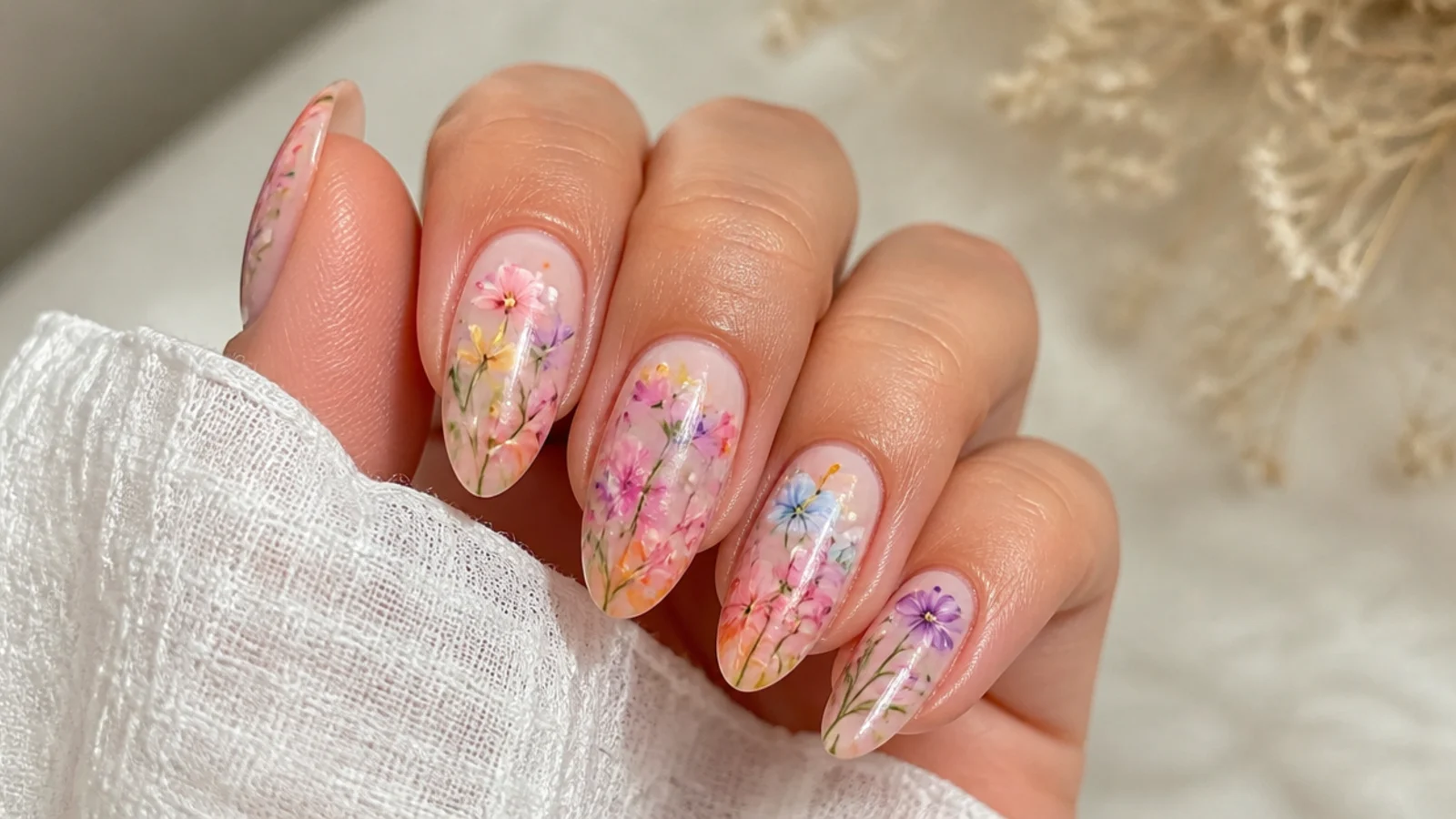 Every nail covered in mixed diffused watercolor flowers over a nude base
