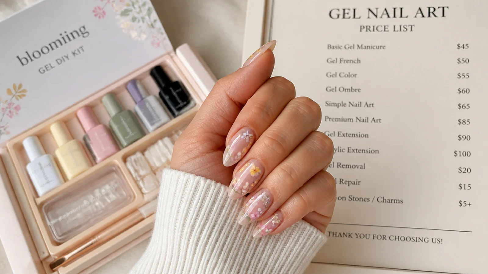 A blooming gel DIY kit beside a salon price list for gel nail art
