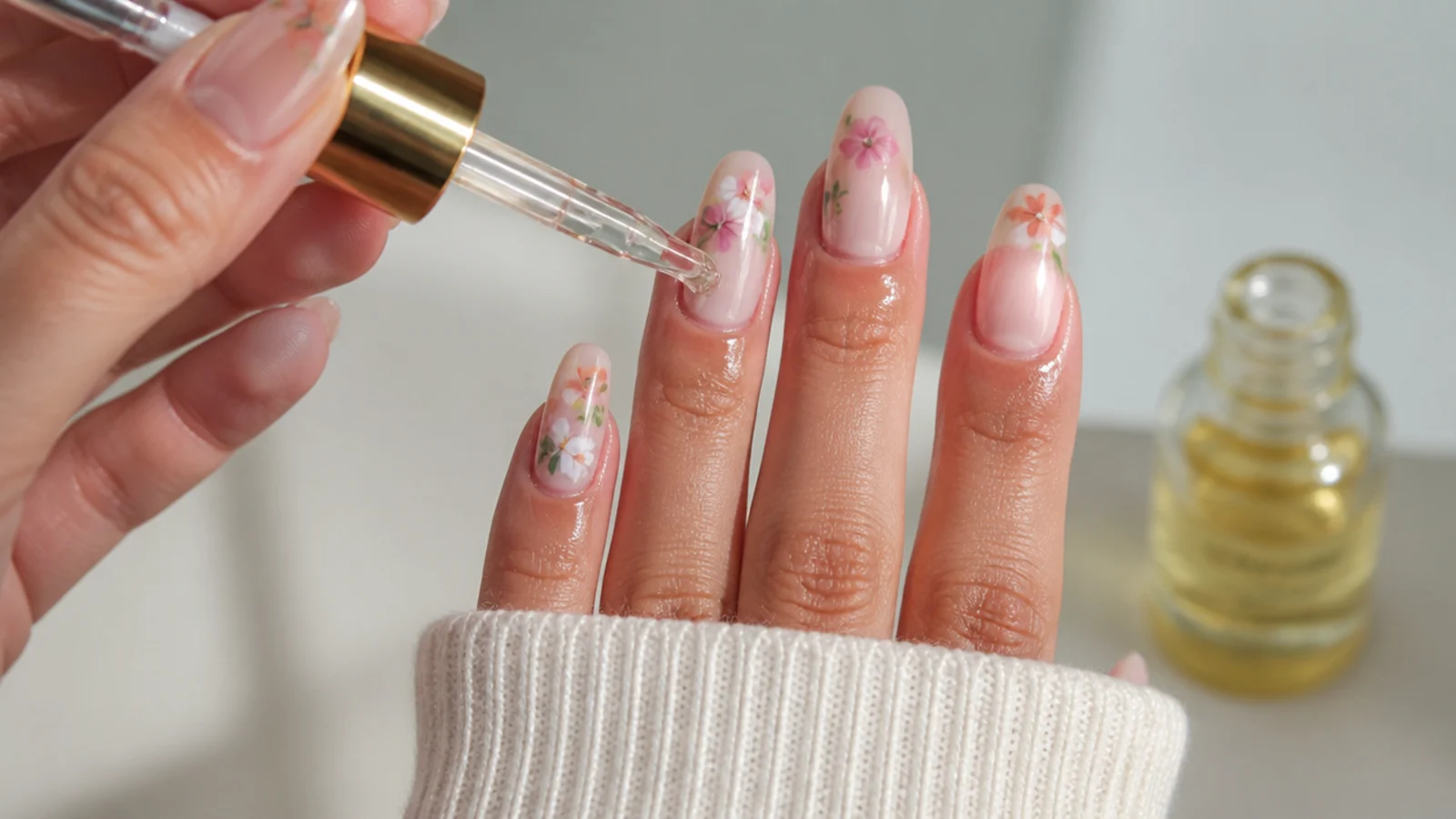 Cuticle oil being applied around long-wearing blooming gel flower nails