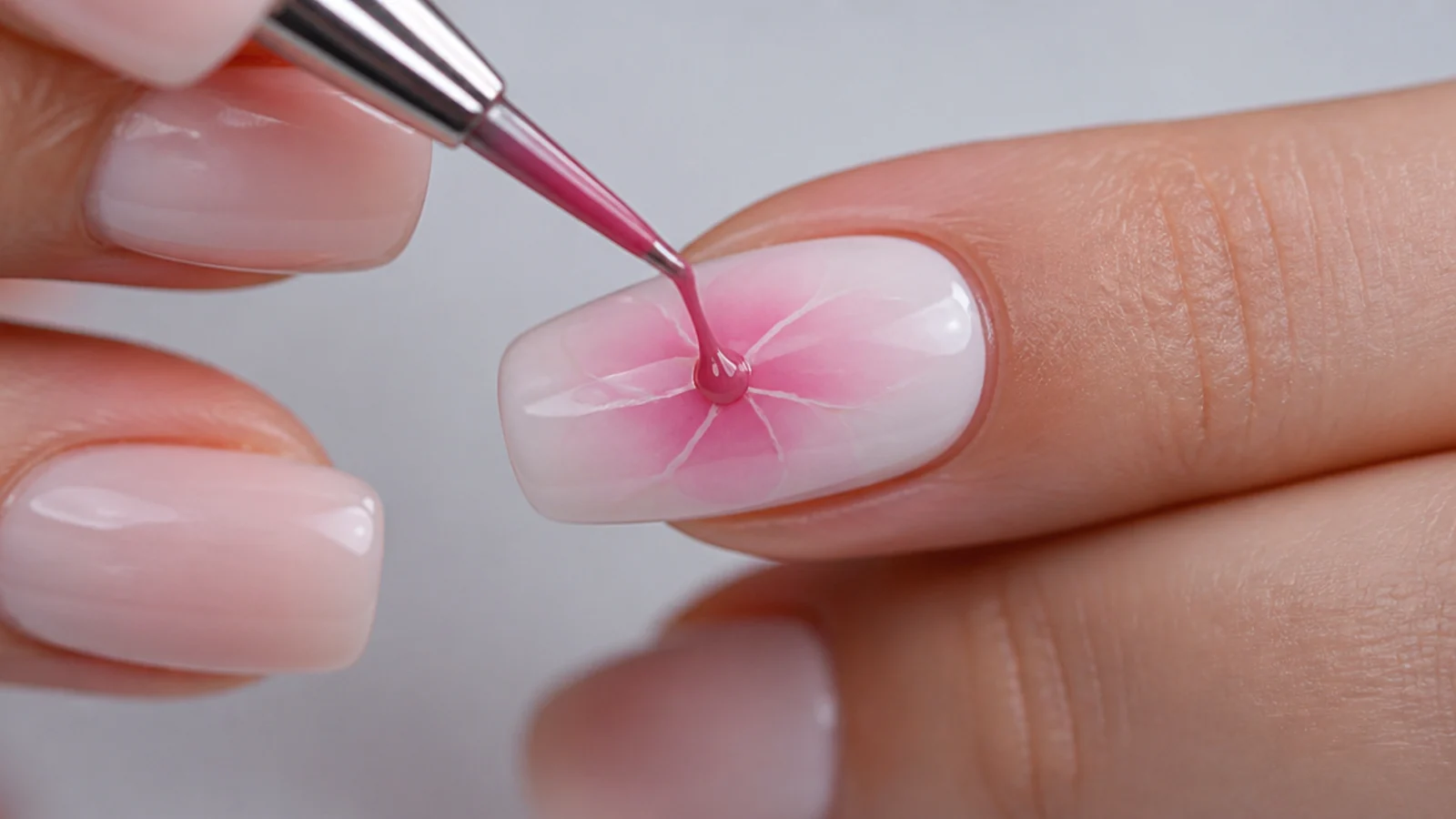 Dropping pink gel color onto a wet blooming gel layer so it blooms into petals