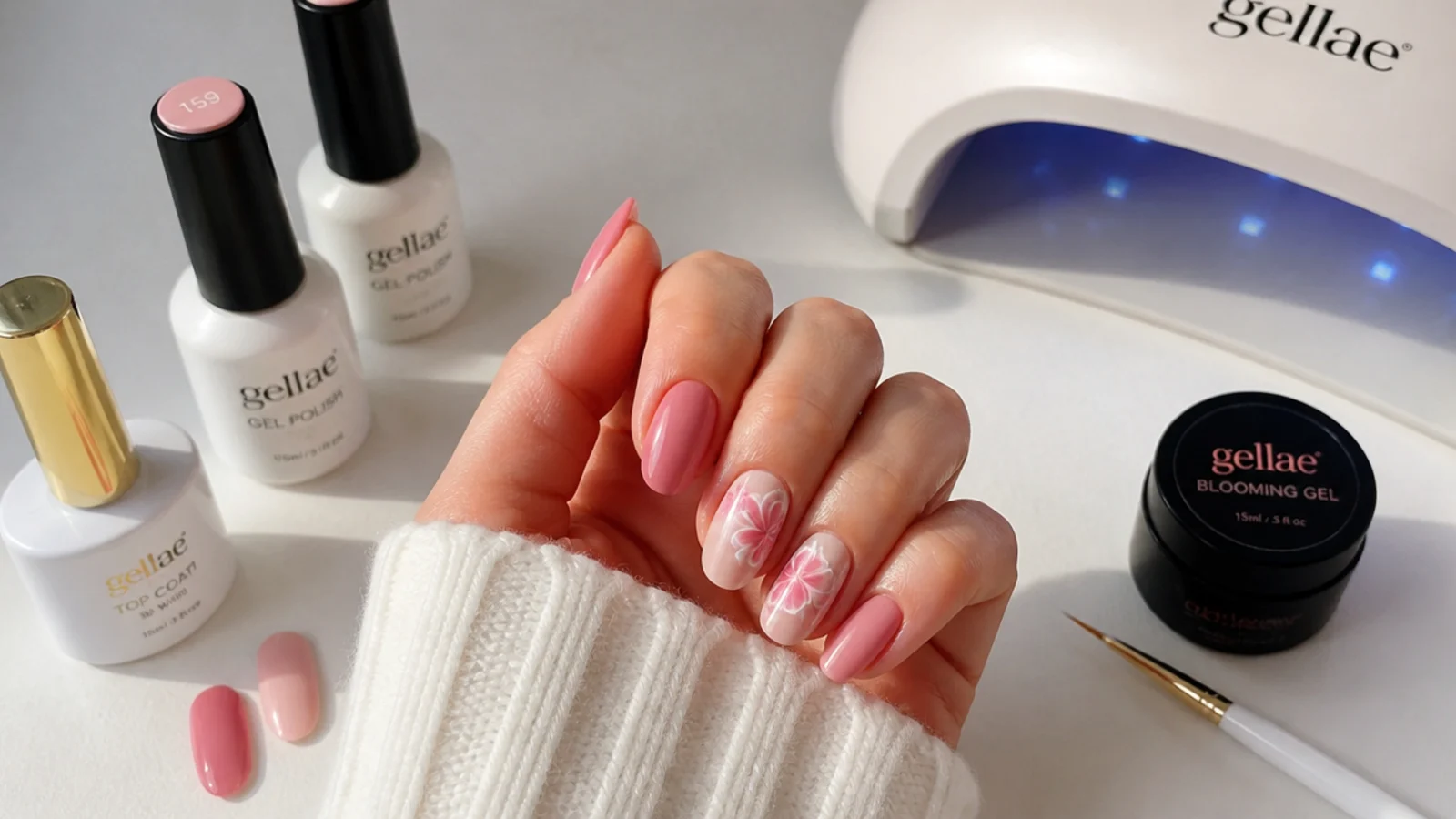 Blooming gel, gel colors, a thin liner brush, a lamp and top coat laid out on a table