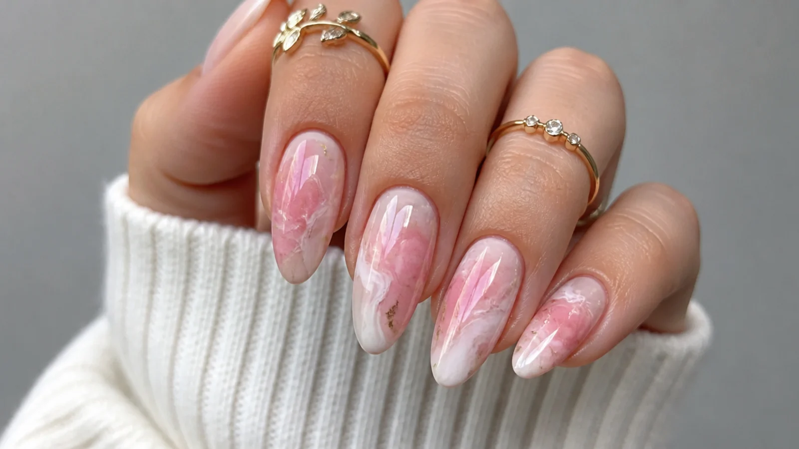 Soft pink and white marble blooming gel nails