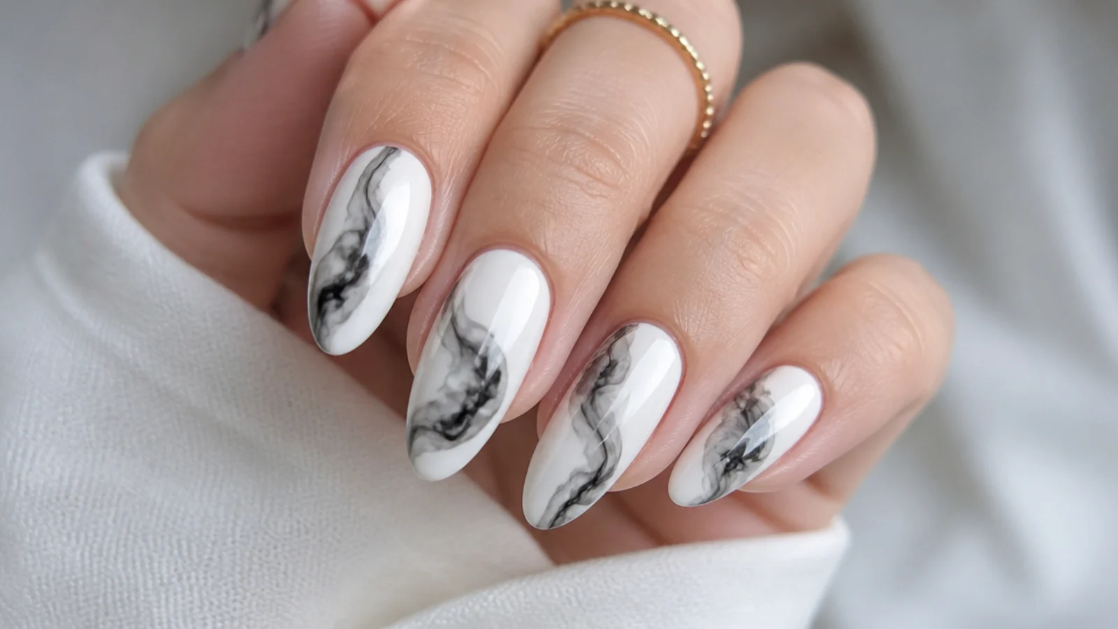 Black ink drop marble blooming gel nails on white