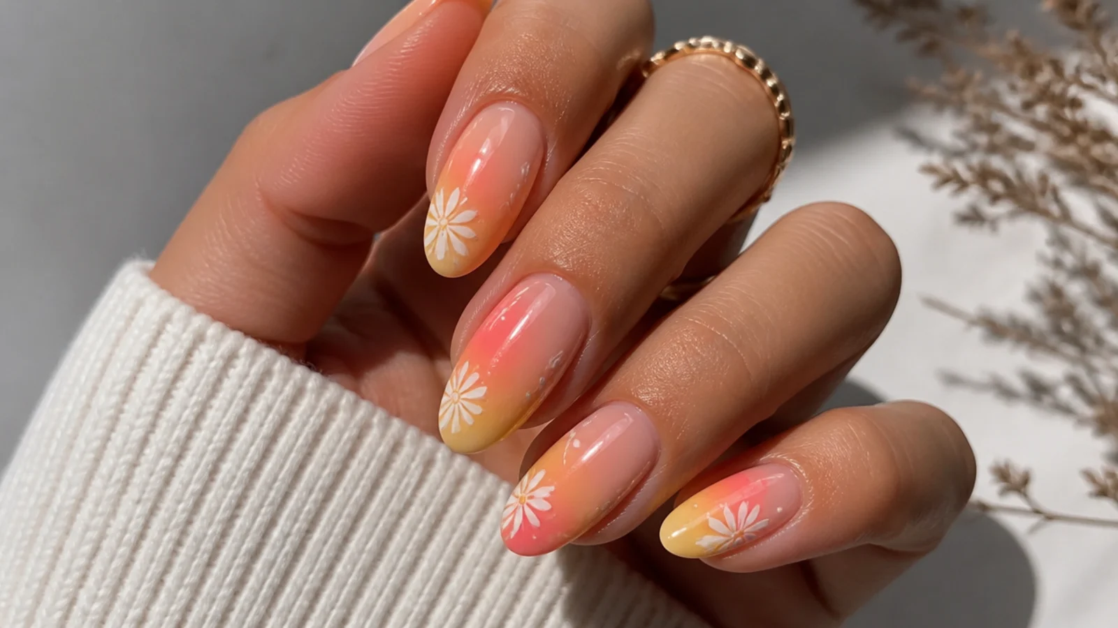 Orange, pink and yellow sunset blooming gel nails