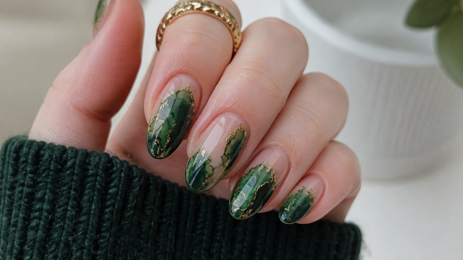 Deep green ink swirl blooming gel nails