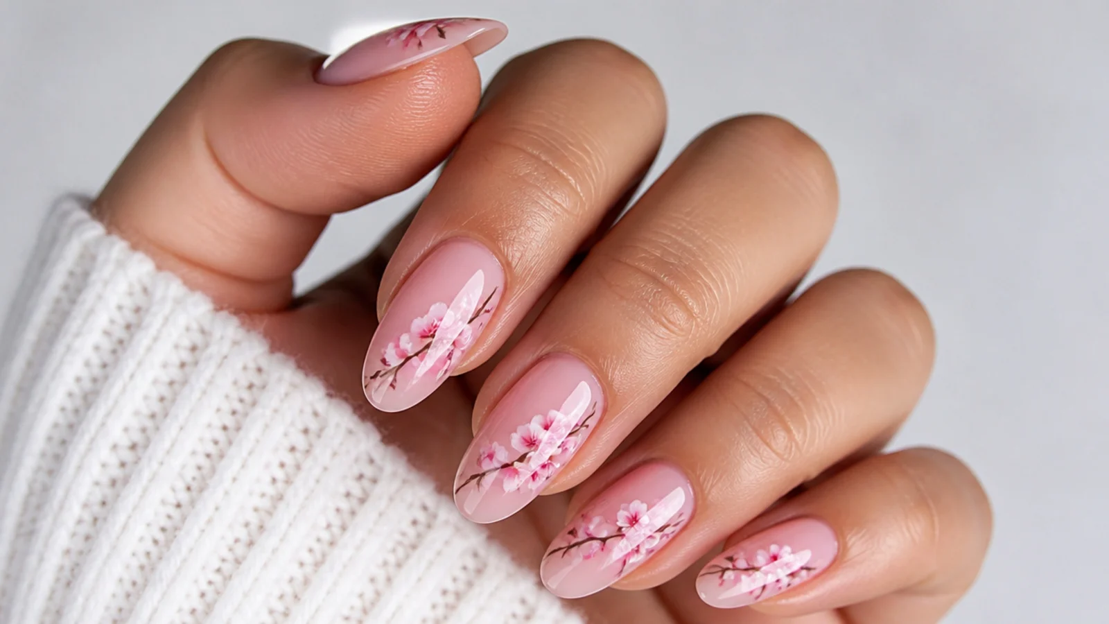 Pink cherry blossom blooming gel nails with fine branches