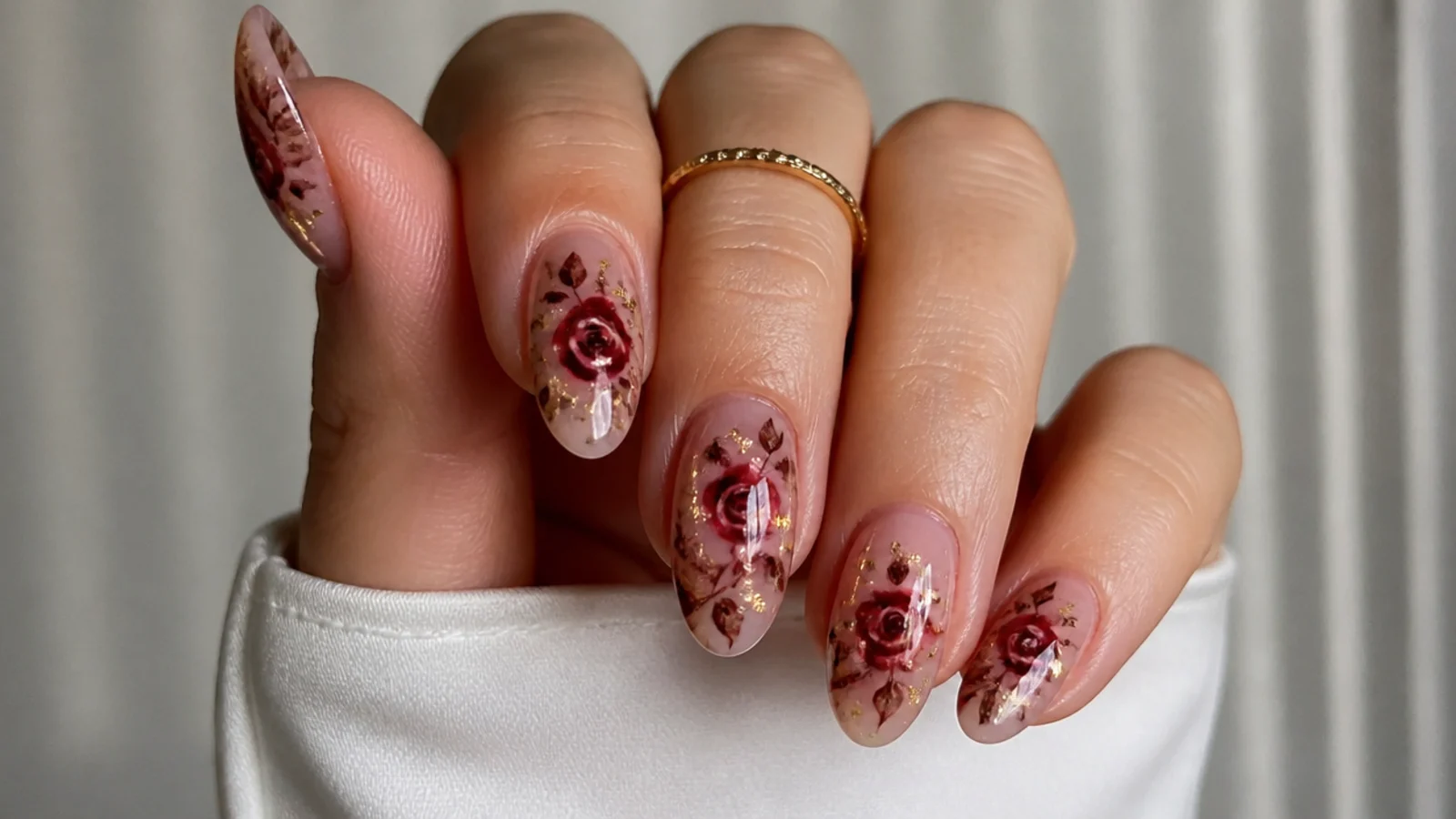 Deep red watercolor rose blooming gel nails