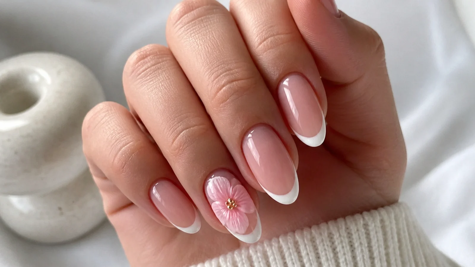French tip nails with a soft pink blooming gel flower accent