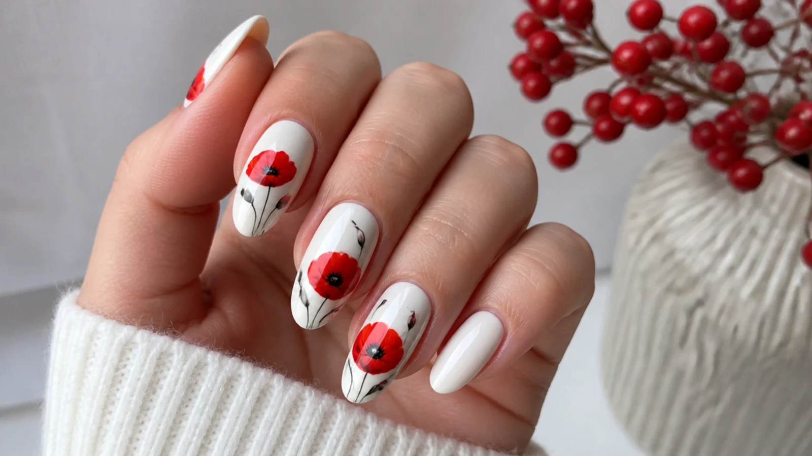 Red poppy blooming gel flower with black center on white nails