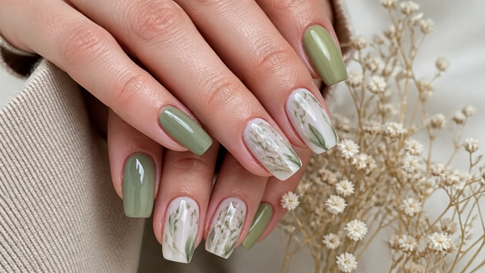 Soft sage green watercolor leaf blooming gel nails