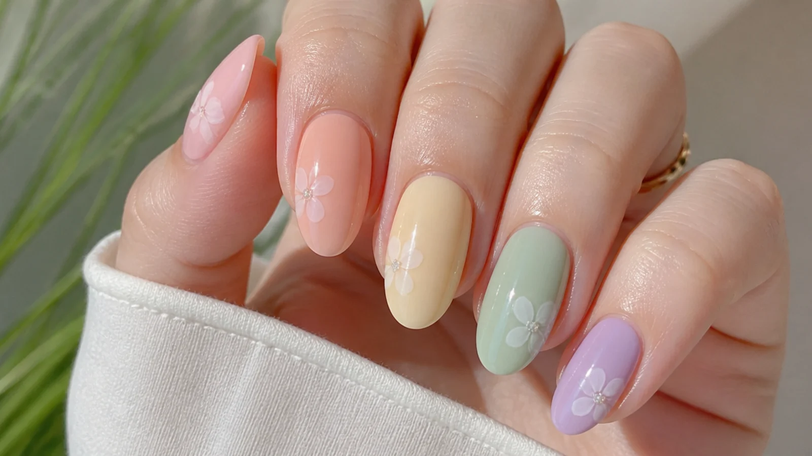 Soft pastel rainbow blooming gel nails, one color per nail