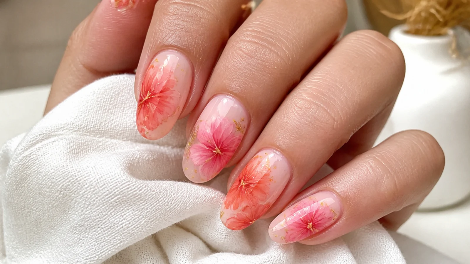 Coral and pink hibiscus watercolor blooming gel nails