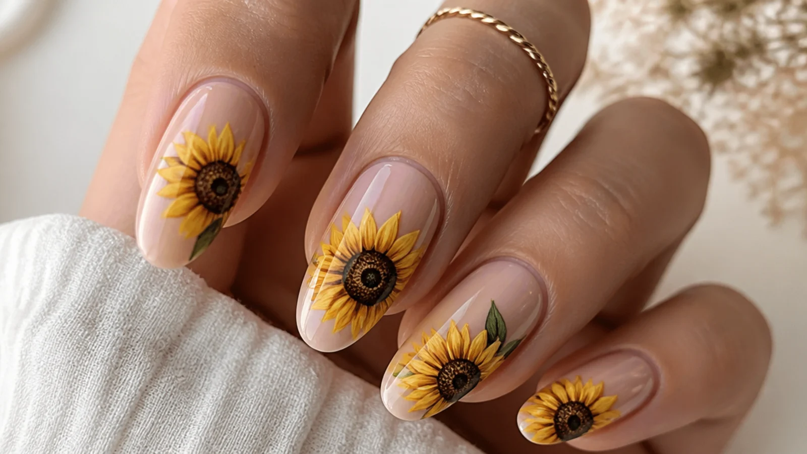 Yellow sunflower blooming gel nails with brown centers