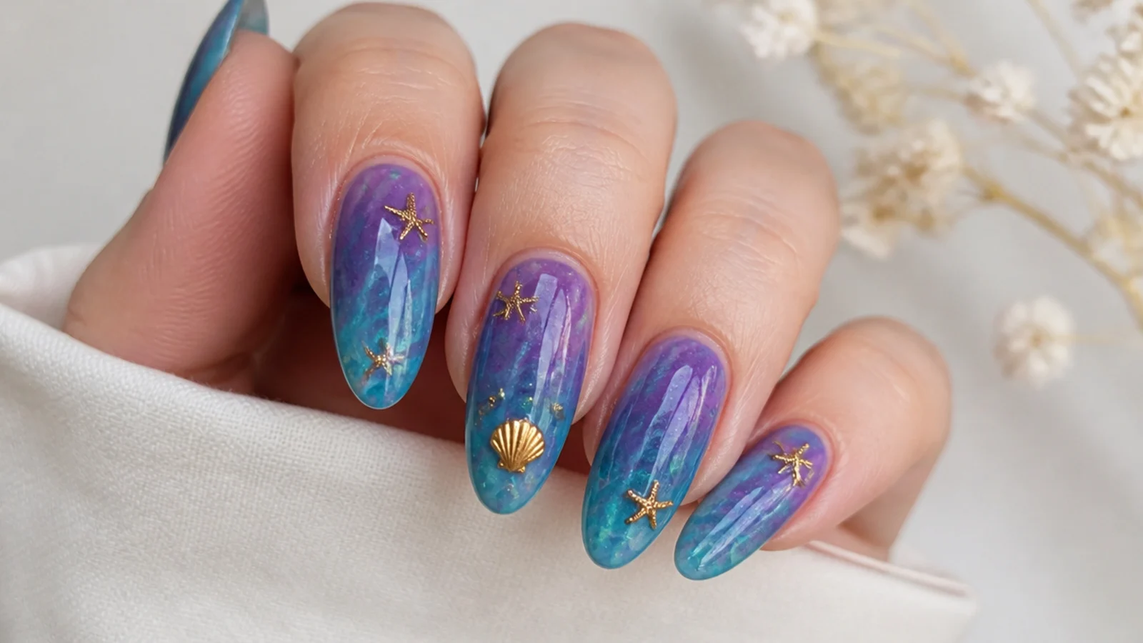 Teal, purple and blue mermaid blooming gel nails with shimmer