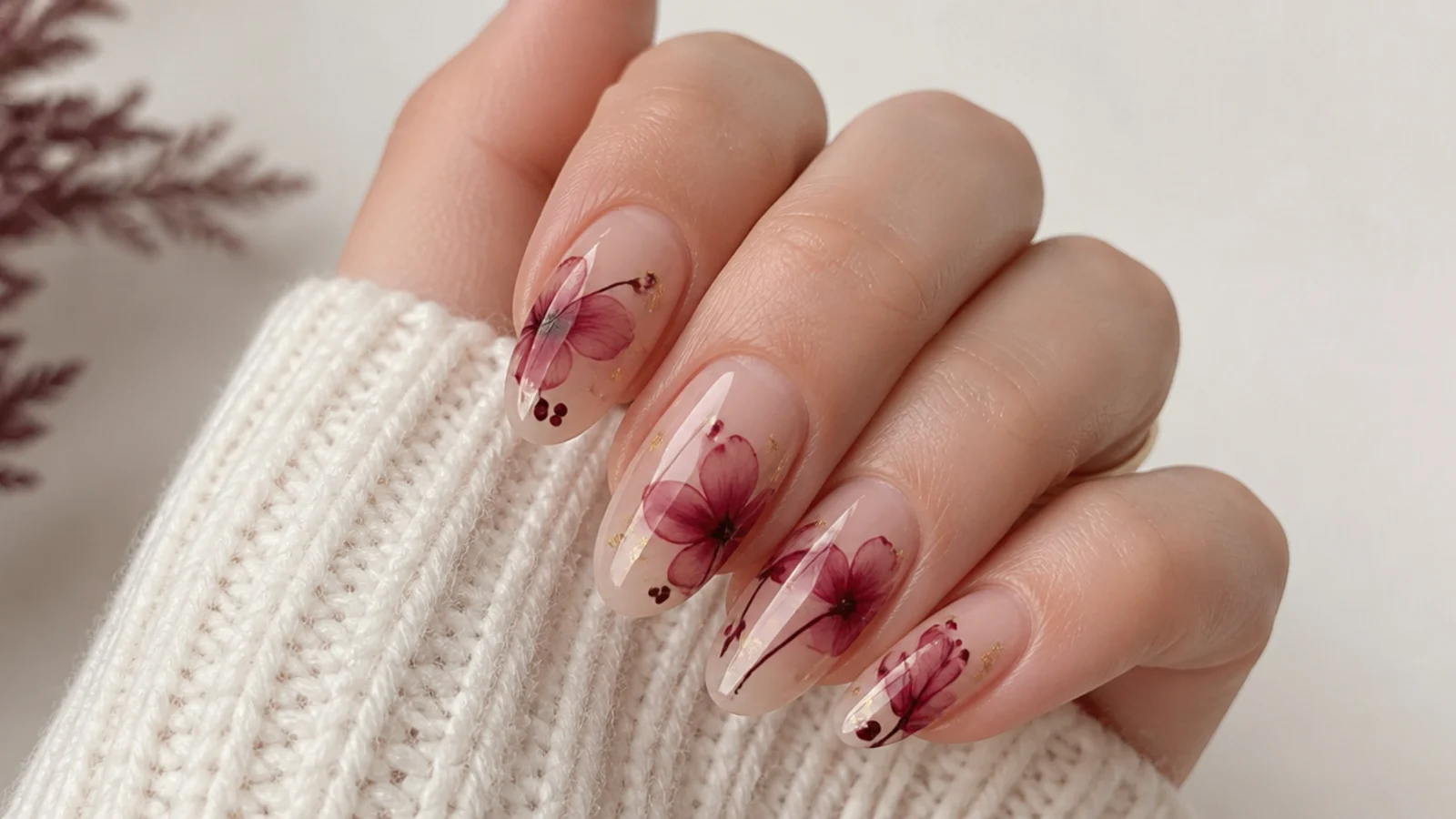 Deep burgundy watercolor flower blooming gel nails on nude