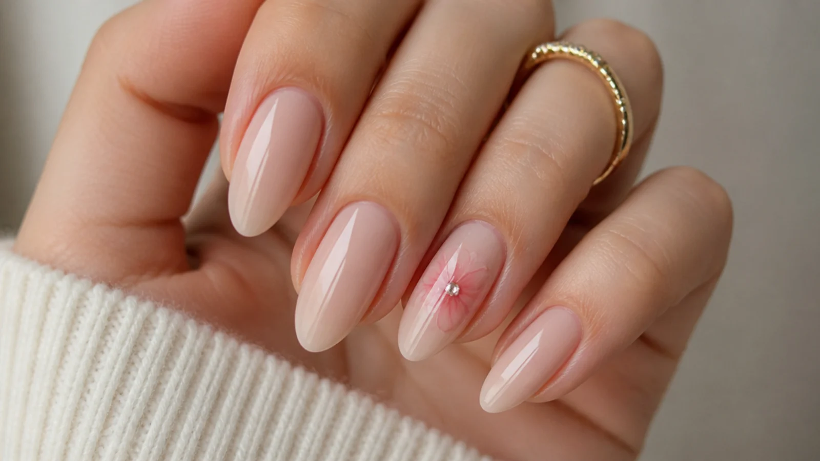Nude nails with one soft pink single blooming gel flower accent