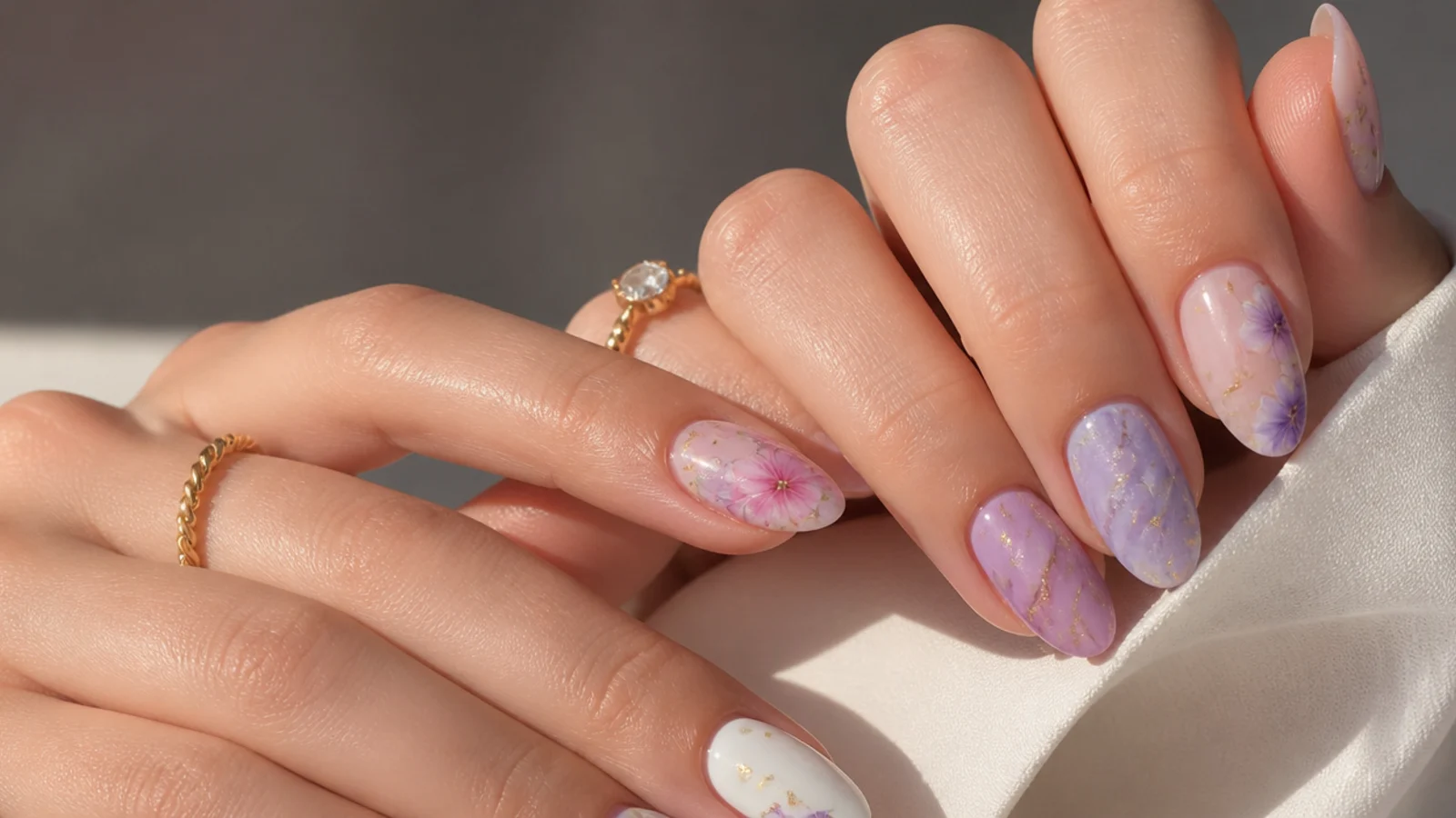 Mixed blooming gel nails with florals, marble and gold foil accents