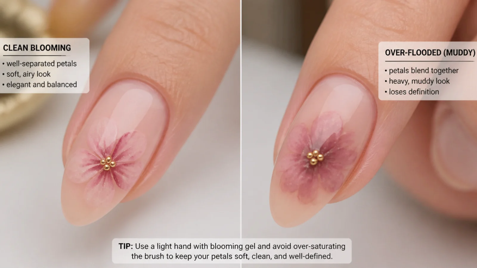 Comparison of a clean blooming gel flower and a muddy over-flooded one