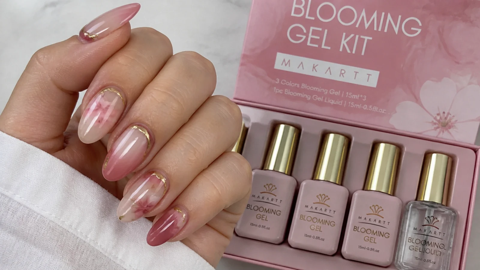 A salon gel manicure next to an at-home blooming gel kit