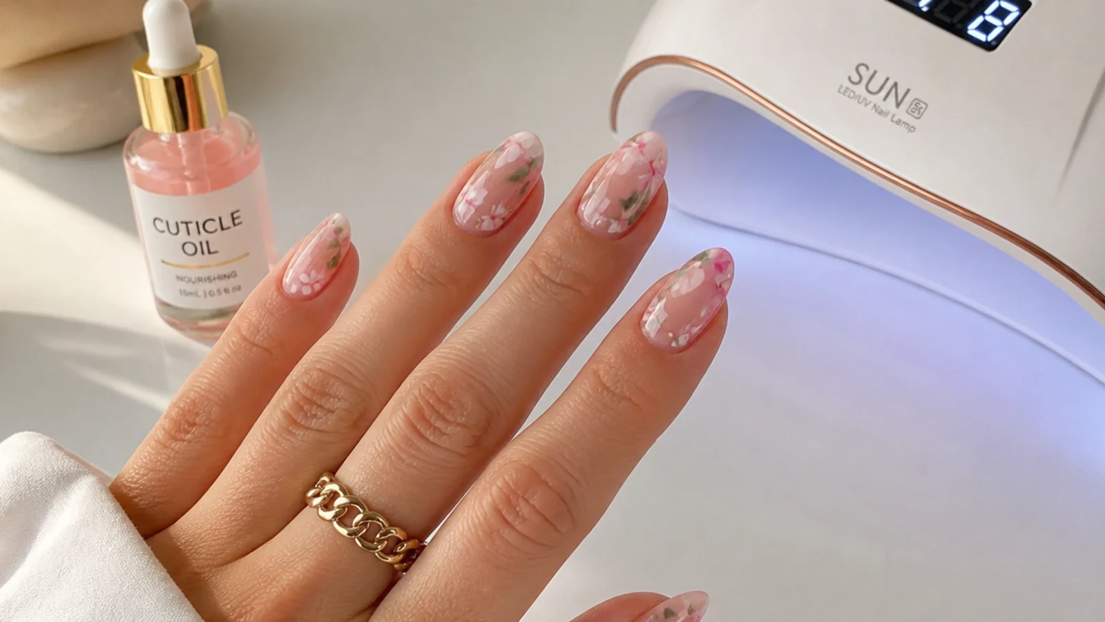 Cuticle oil and a nail lamp beside a finished blooming gel manicure