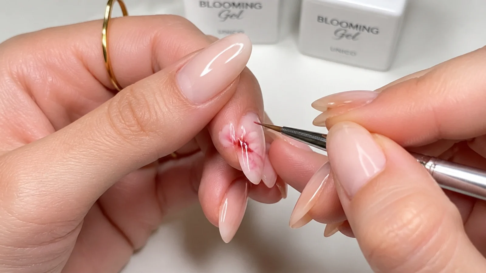 Hand applying blooming gel and dropping color onto a nail with a thin brush
