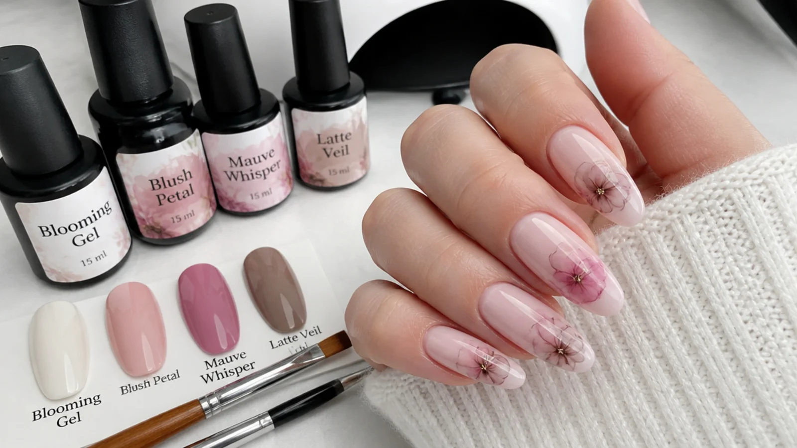 Blooming gel nail supplies laid out: gel colors, blooming gel, lamp and brushes