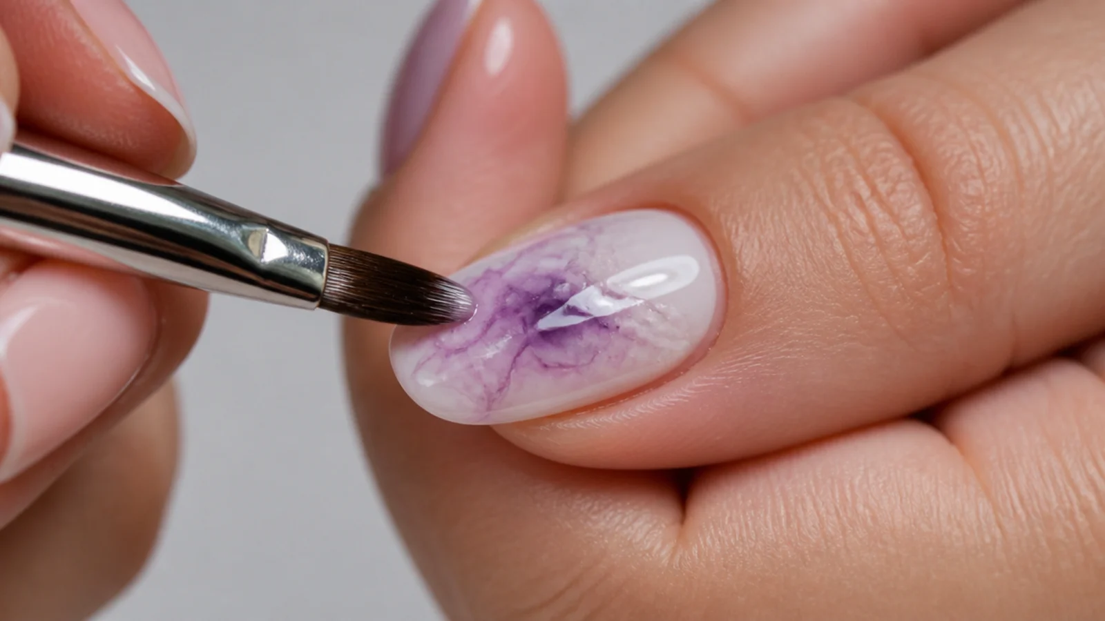 Clear blooming gel spreading colored gel into a watercolor pattern on a nail