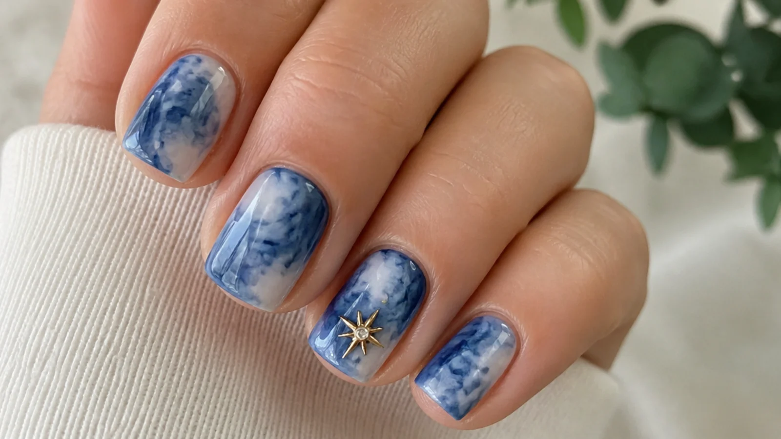 Short square nails with diffused navy and sky blue tie-dye blooming gel