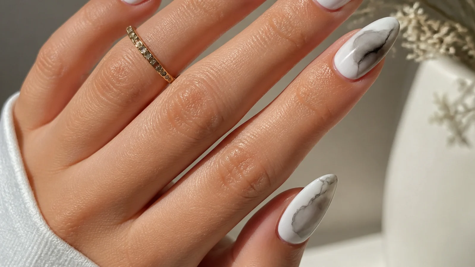Almond nails with smoky gray and charcoal marble blooming gel over white
