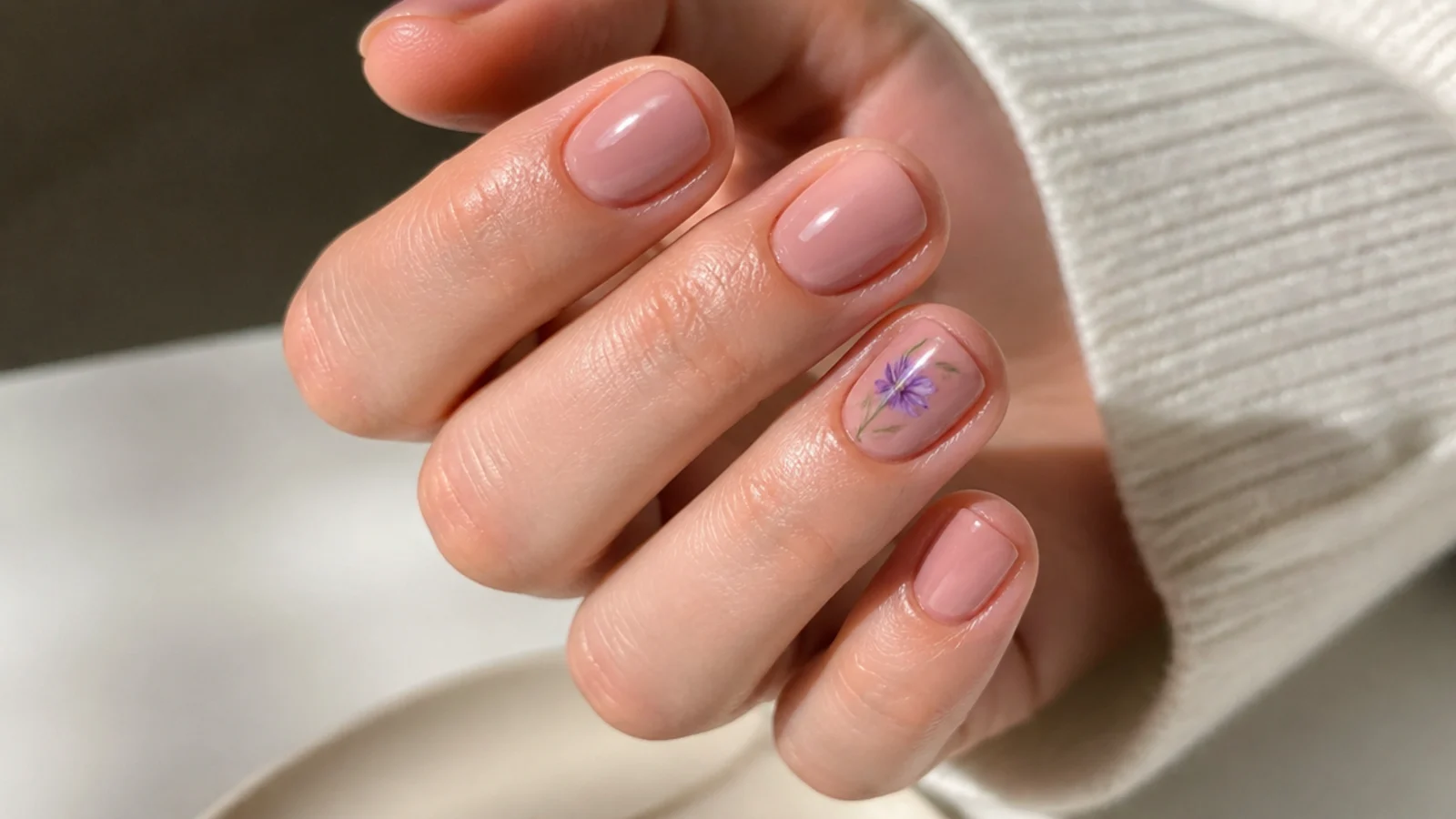 Short nails with one lavender blooming gel flower accent over a nude set