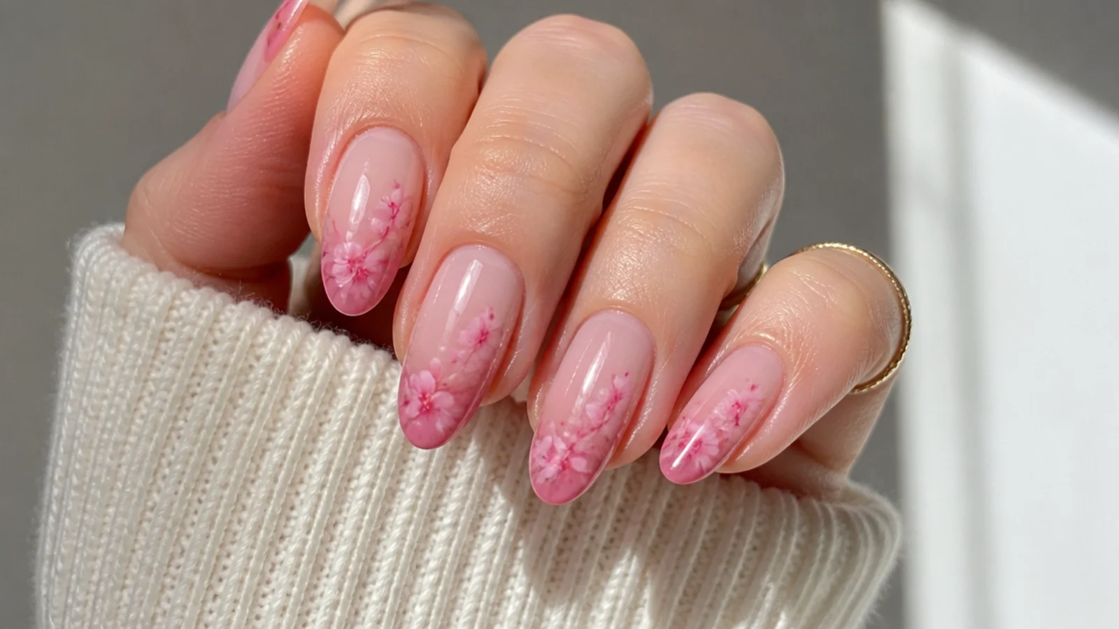 Almond nails with pink cherry blossom blooming gel diffused at the tips