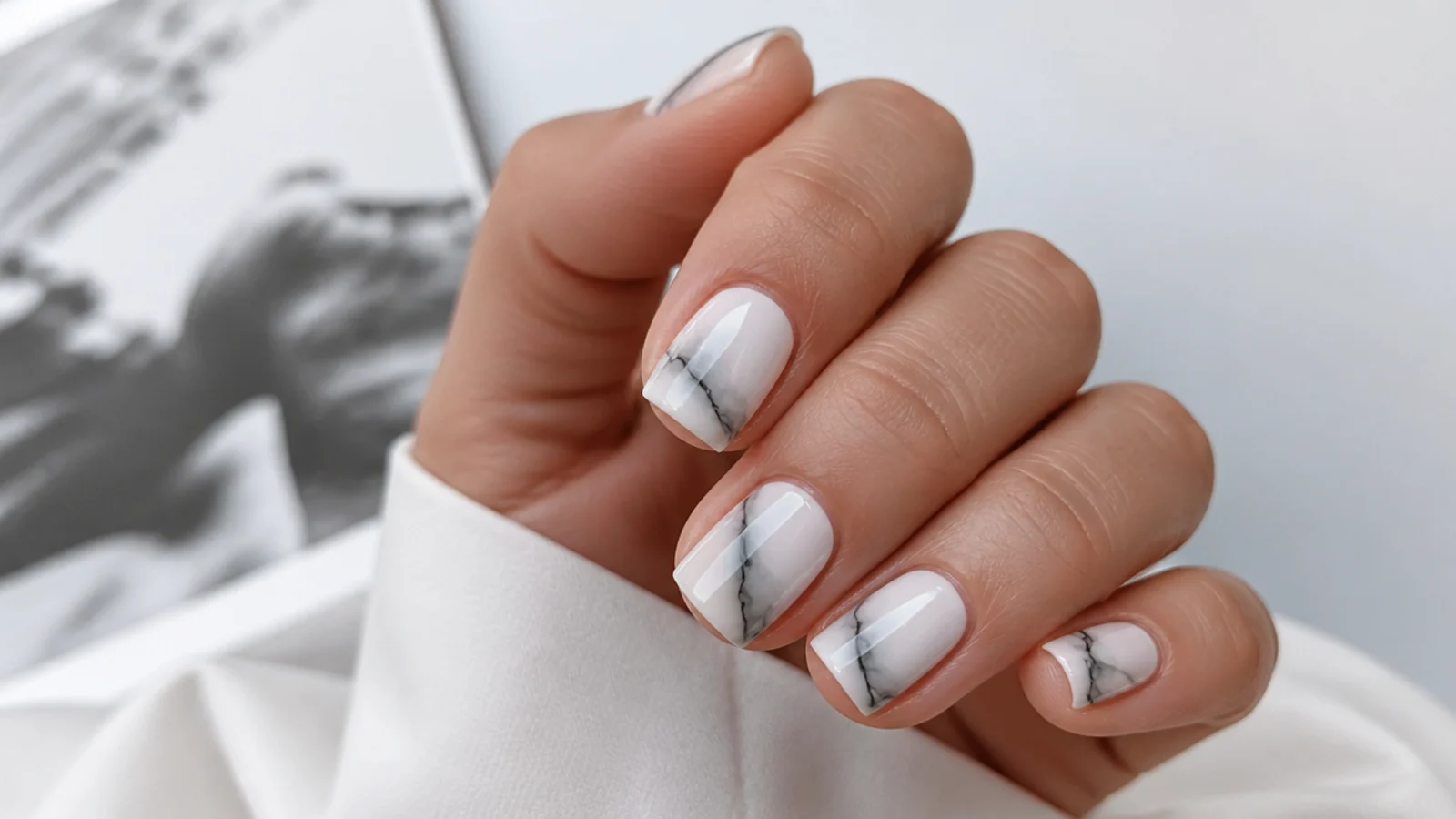 Short square nails with black ink marble veins in blooming gel over white