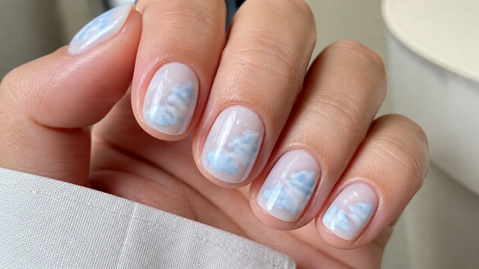 Short nails with soft baby blue and white cloud blooming gel over milky white
