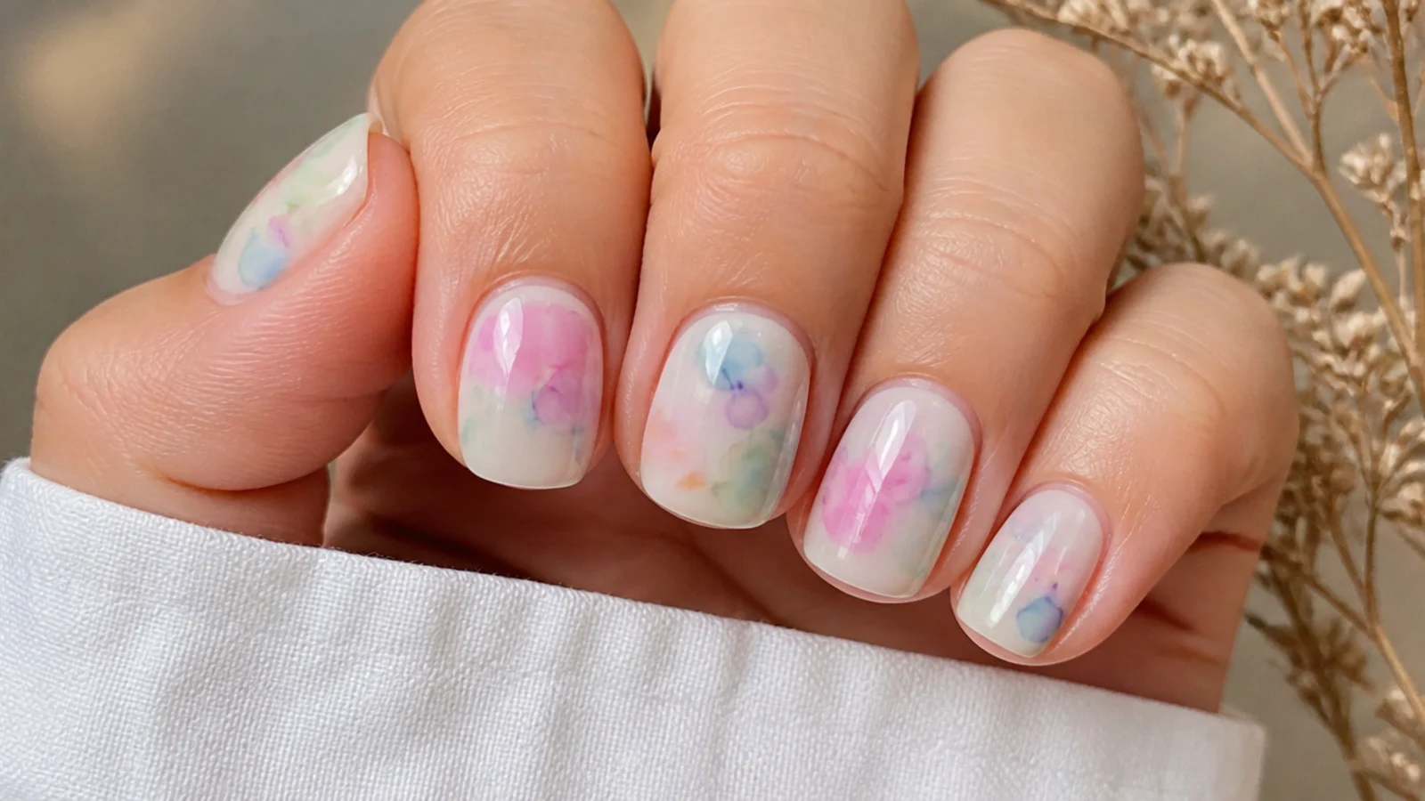 Short square nails with multicolor blooming gel dots diffusing over white