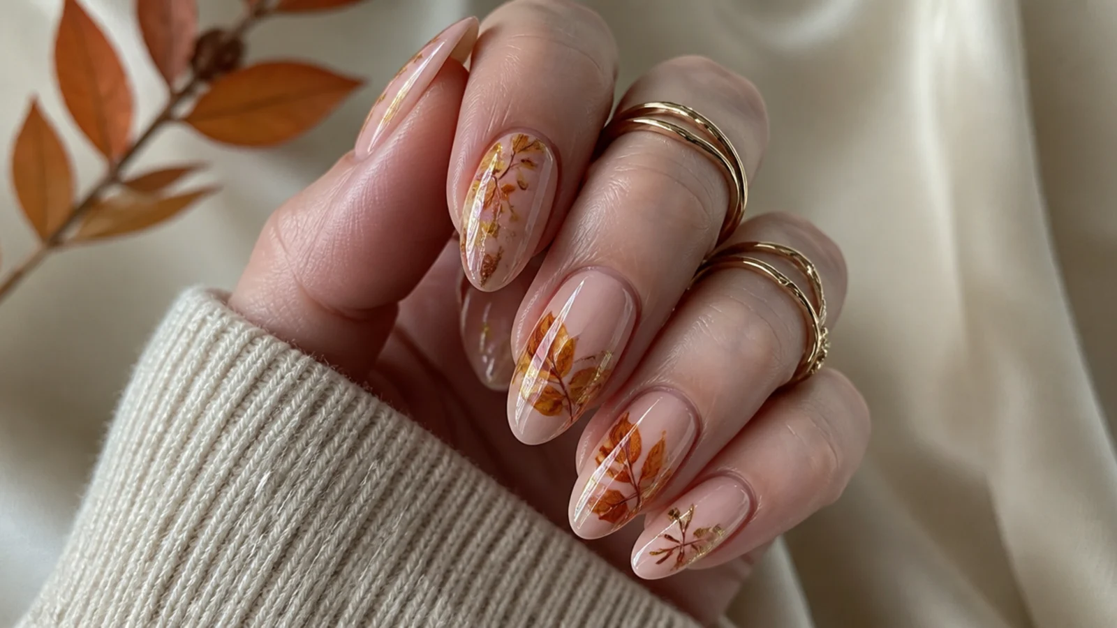 Almond nails with amber, gold and rust blooming gel leaves over nude