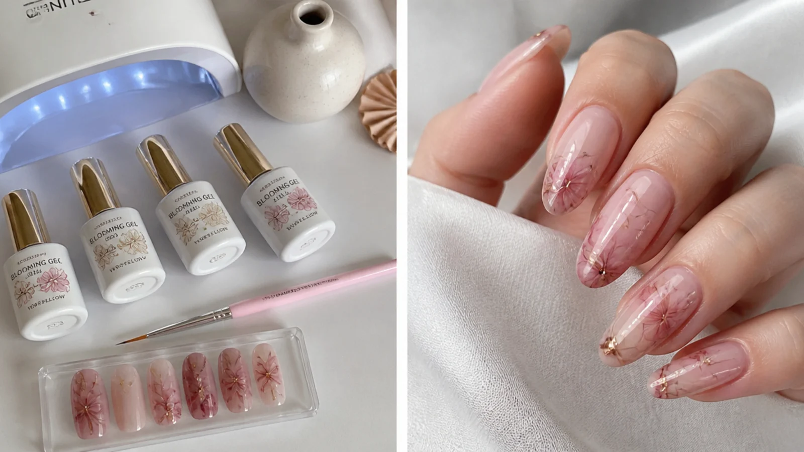 Blooming gel, gel colors, a liner brush and an LED lamp laid out at home