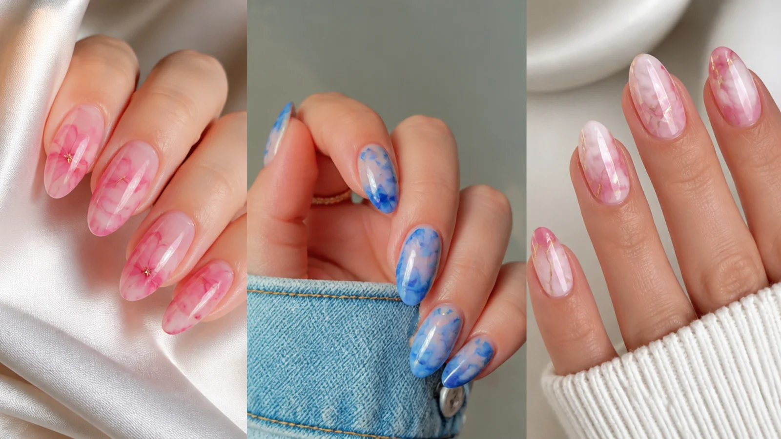 A saved collage of soft watercolor blooming gel nails in pink, blue and marble