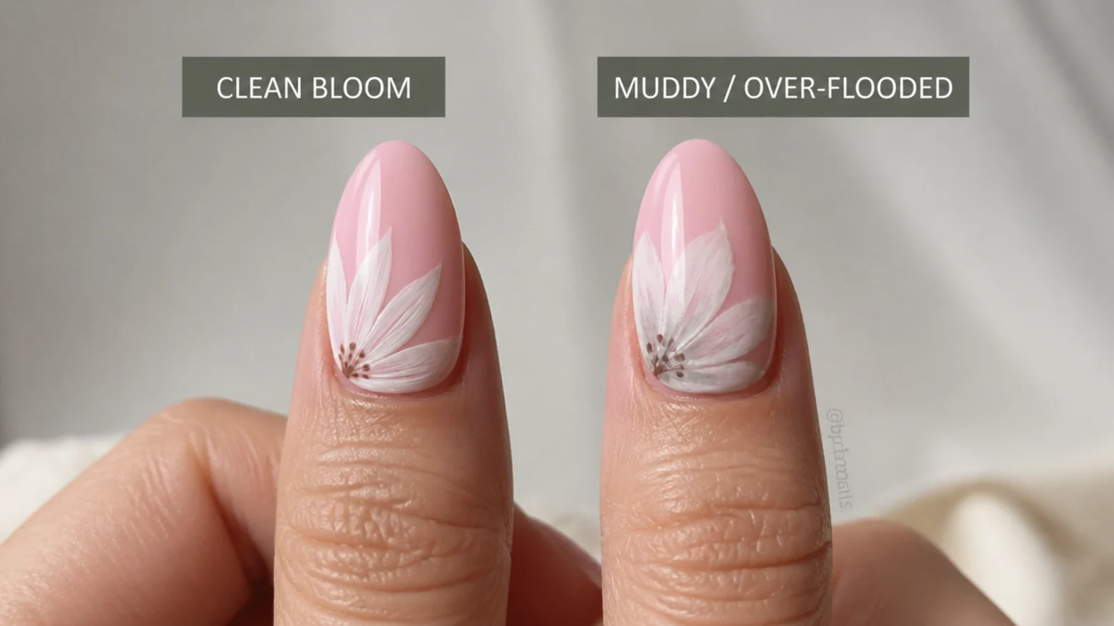 Two nails compared, one clean bloom and one muddy over-flooded design