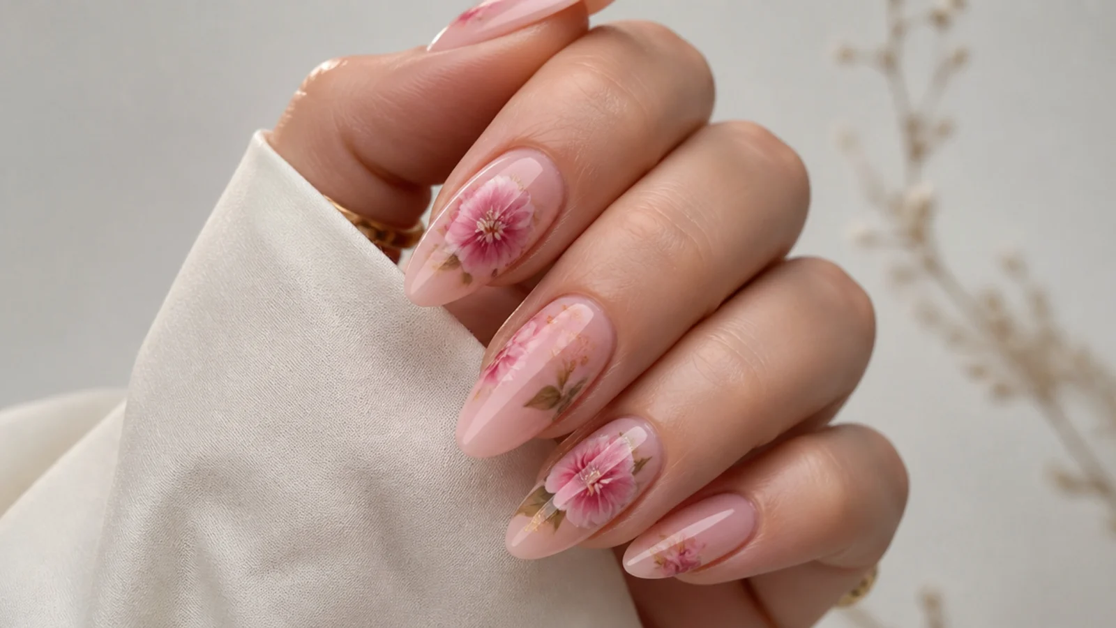 Soft pink watercolor peony blooming gel nails on an almond shape
