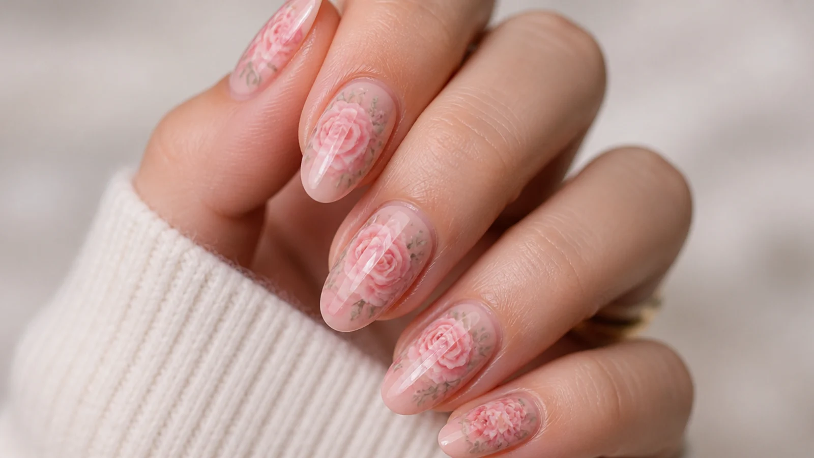 Diffused pink rose blooming gel nails with soft green leaves
