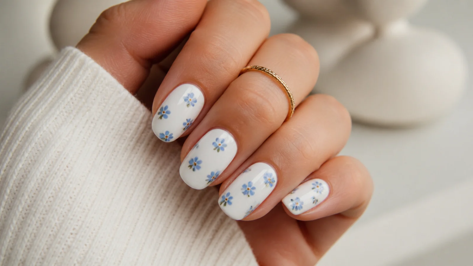 Small blue forget-me-not flowers diffused across white blooming gel nails