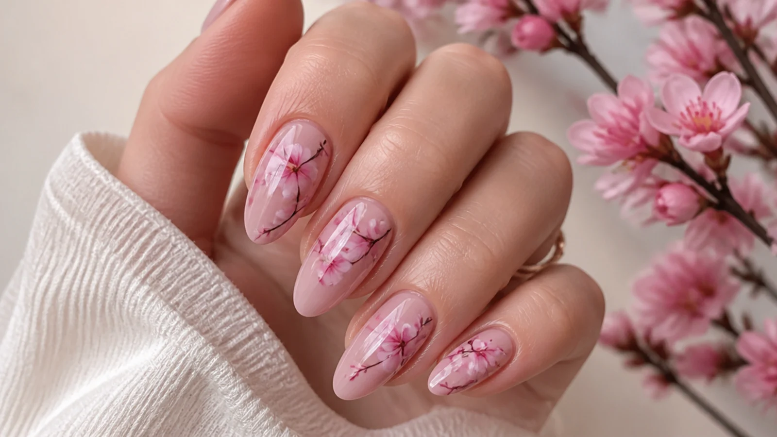 Pink cherry blossom branches diffused across soft blooming gel nails