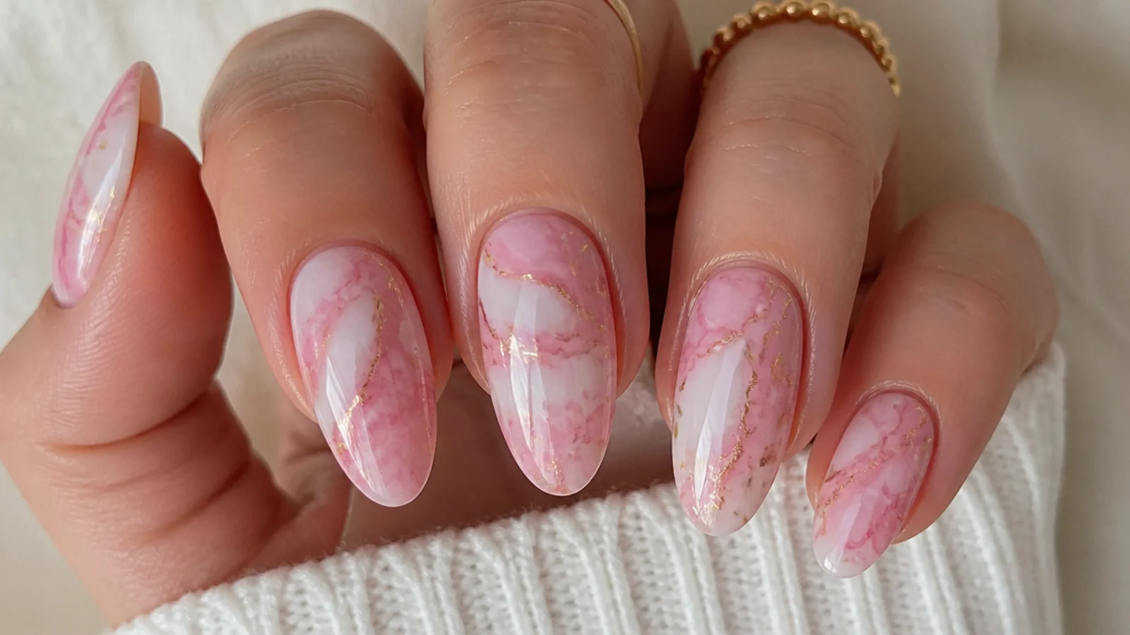 Soft pink and white marble blooming gel nails with hazy veining
