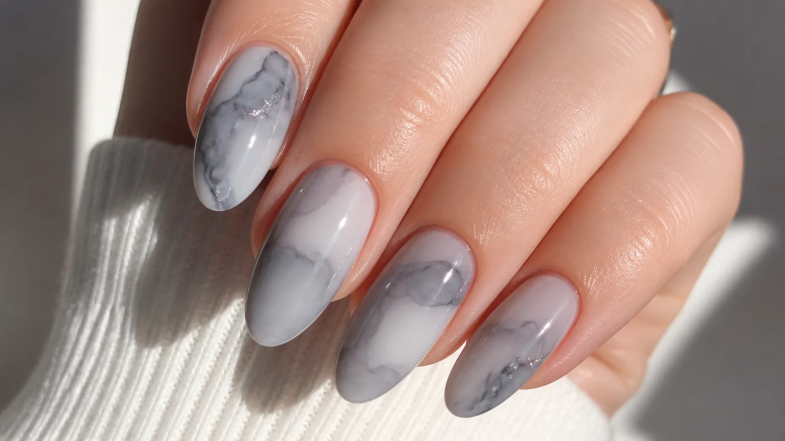 Gray and white smoky ink marble blooming gel nails