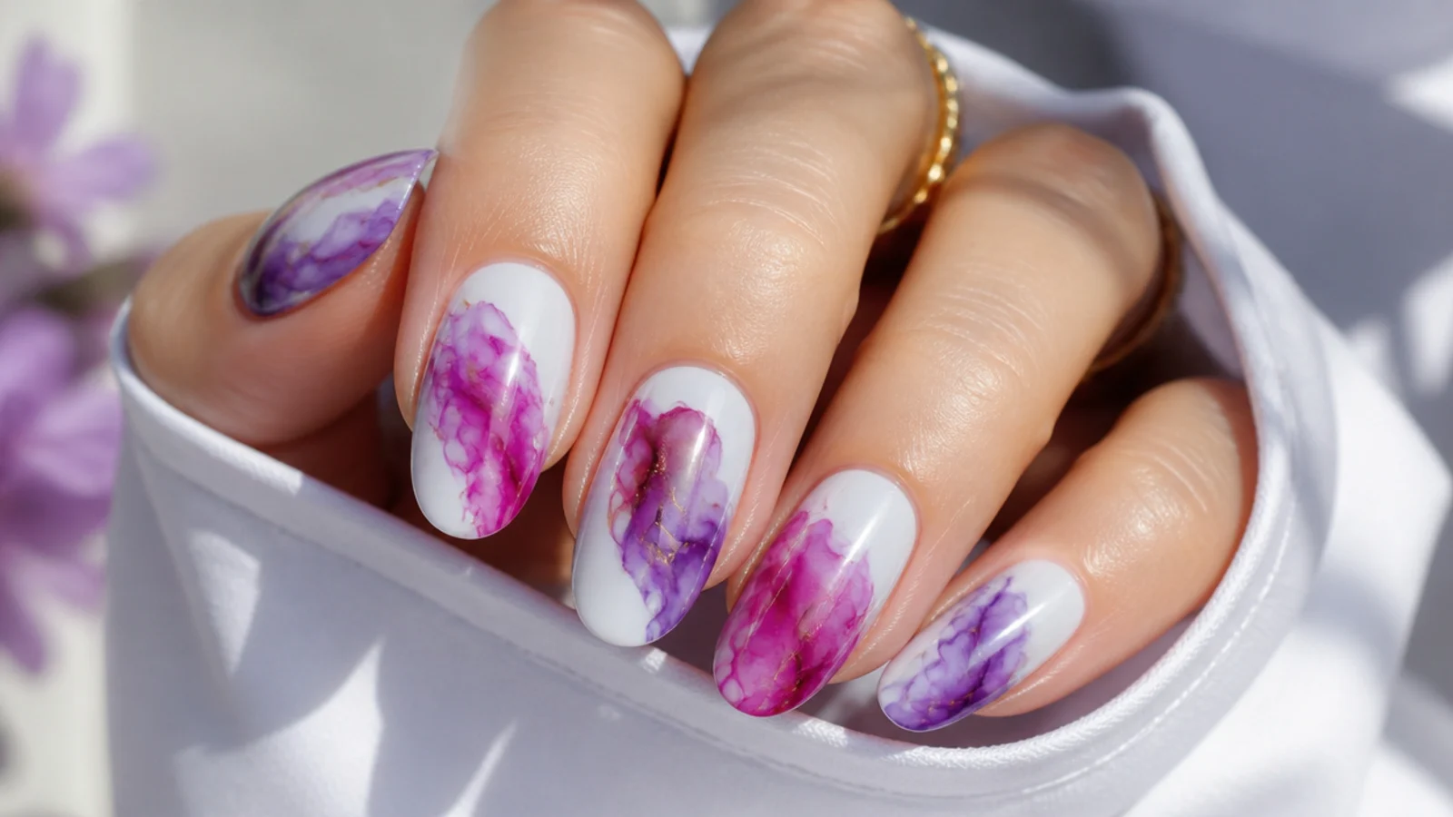 Purple and magenta ink diffusion blooming gel nails on white