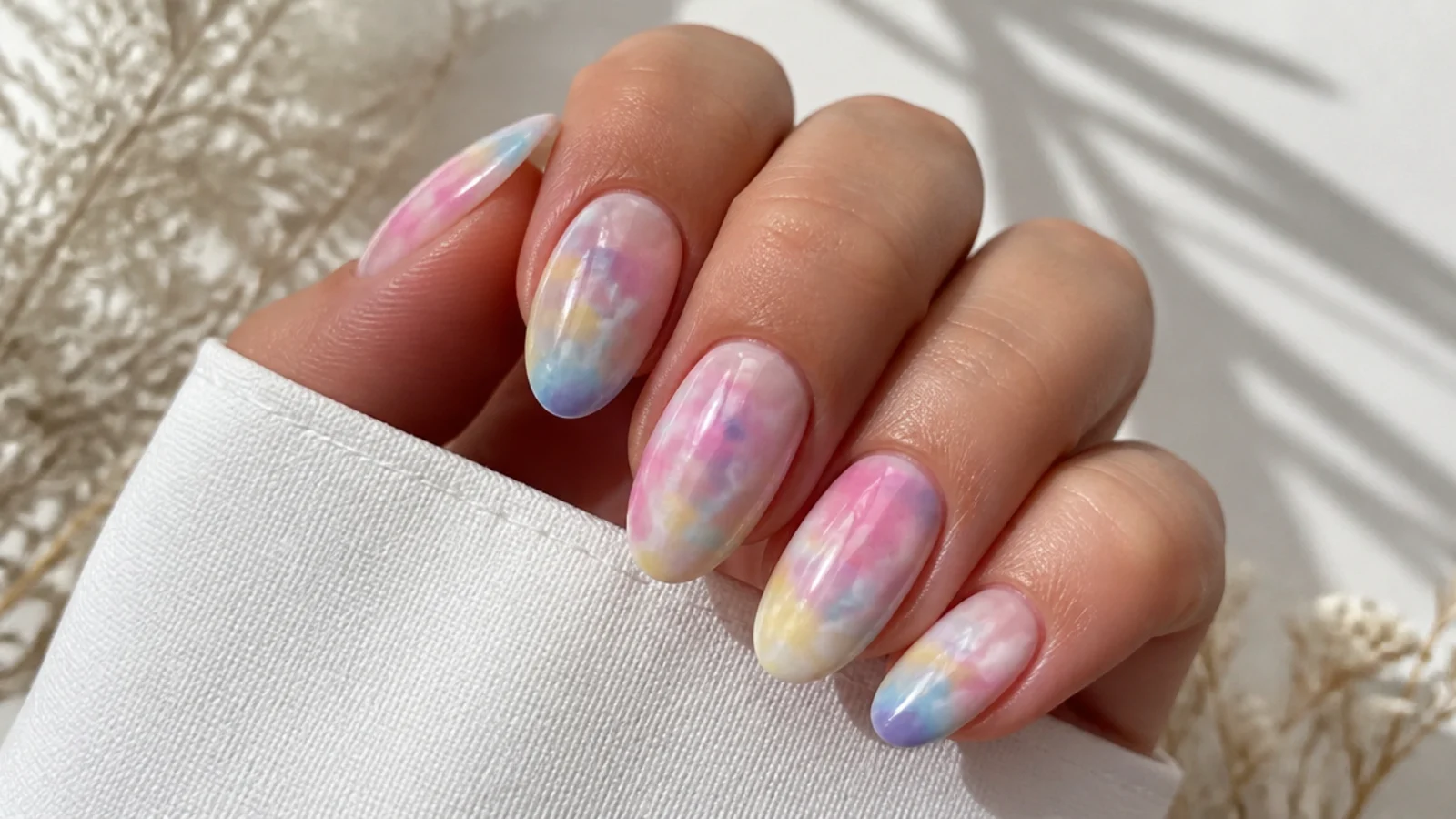 Pastel rainbow tie-dye blooming gel nails with soft diffused color