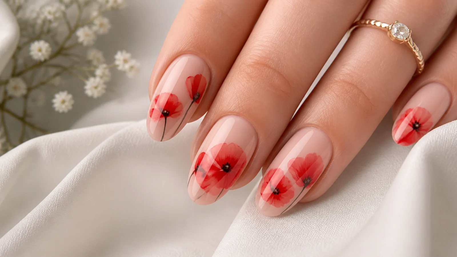 Red poppy watercolor flower diffused on nude blooming gel nails