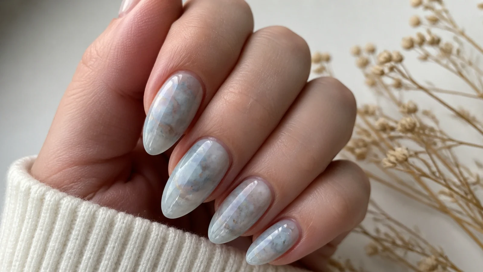 Soft baby blue watercolor wash blooming gel nails