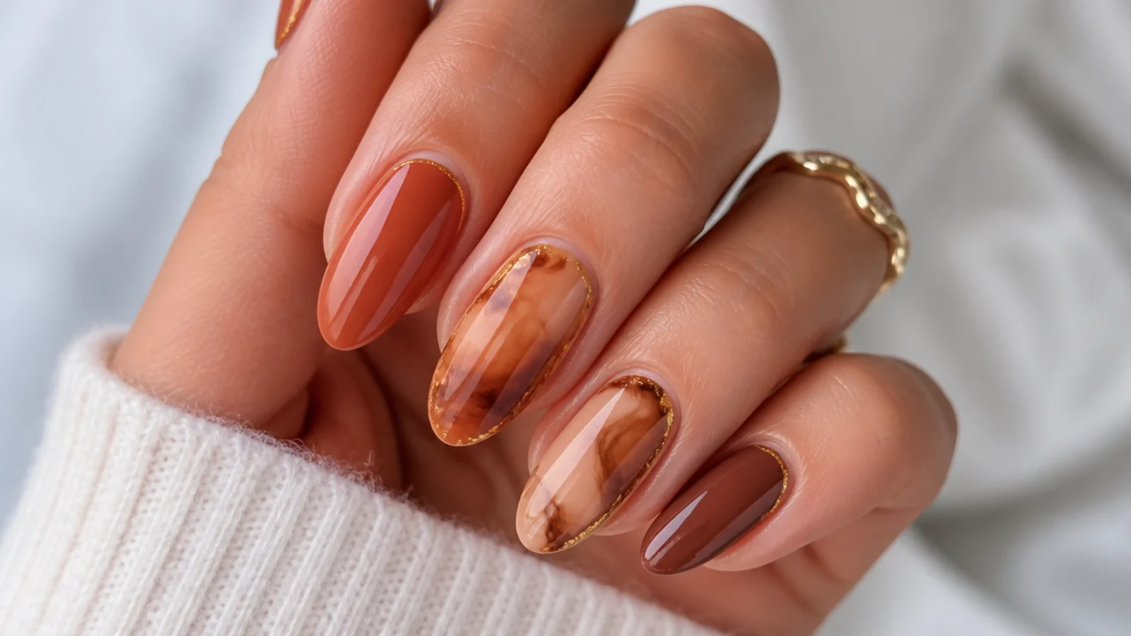 Warm terracotta and brown marble blooming gel nails