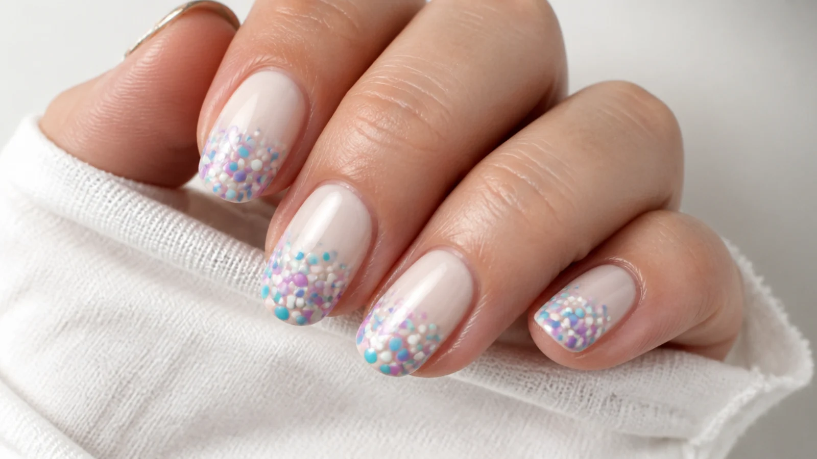Multicolor confetti dot blooming gel nails on white
